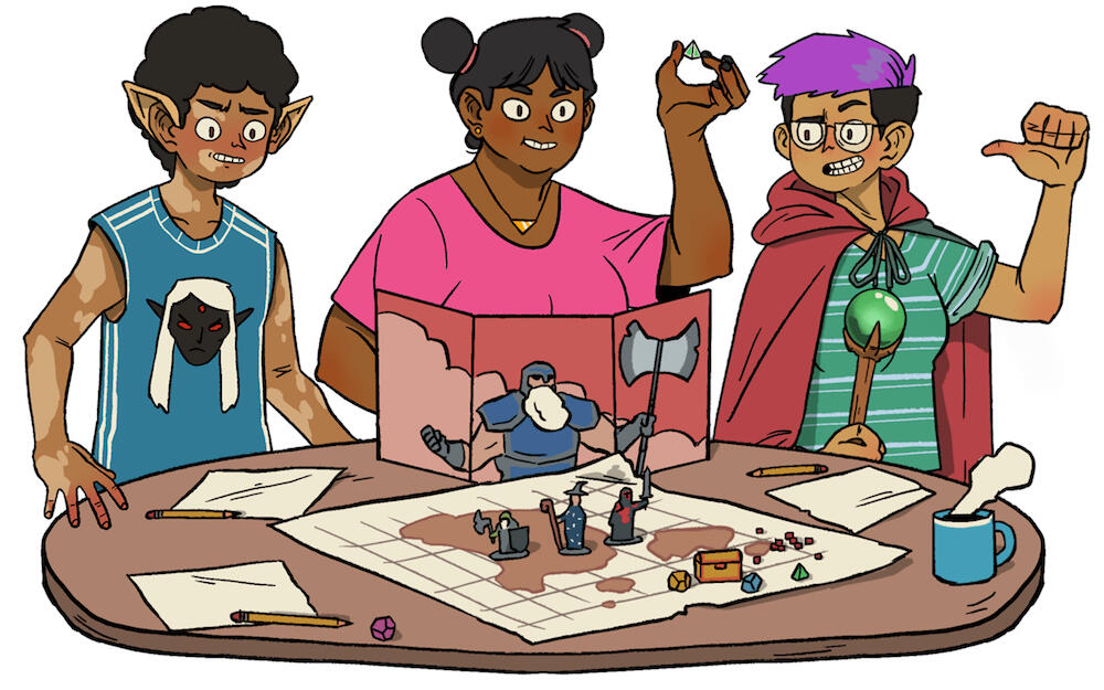 Illustration of three kids playing a Tabletop game.