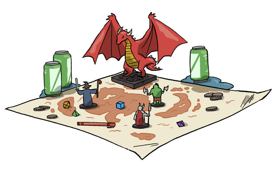 An illustration of a tabletop game in progress, with figurines - three heroes confronting a red dragon.